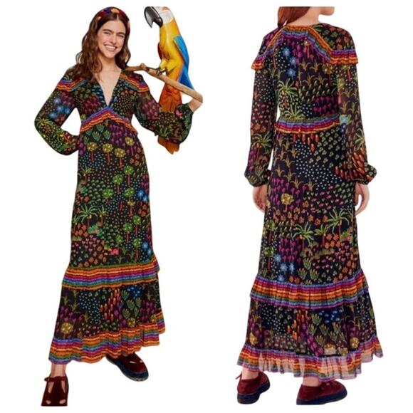 NWTs Farm Rio Fruit Garden Botanical Print Long Sleeve Maxi Dress (S) - Picture 1 of 16